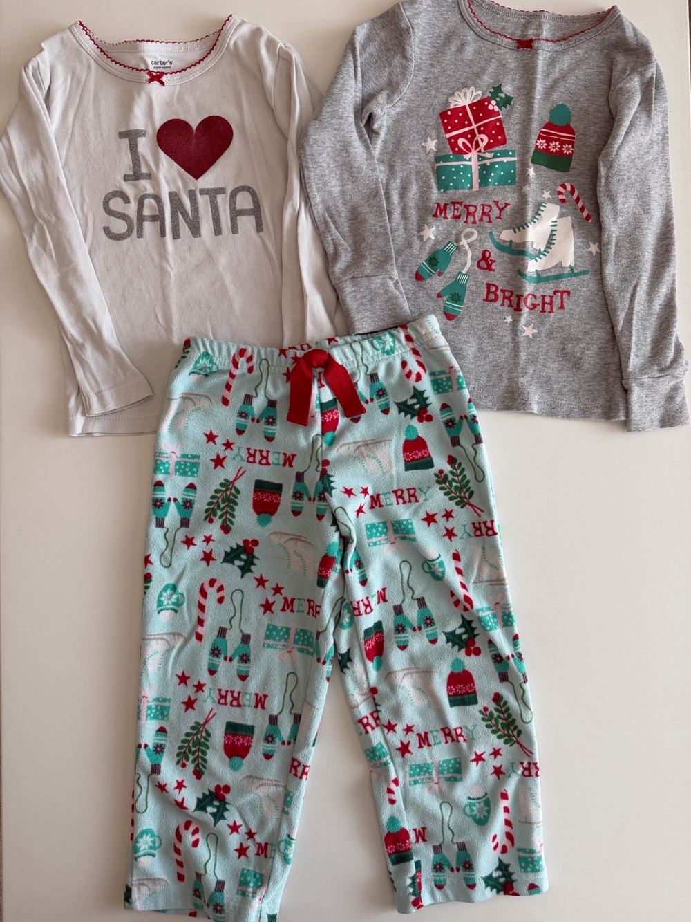 Carter's Girl 3T Holiday/Christmas Pajama Set: Fleece Bottoms, 2 Long Sleeve Tee